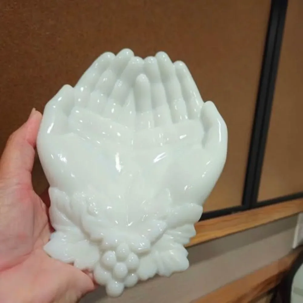Milk Glass Cupped Hands Dish with Grape Design